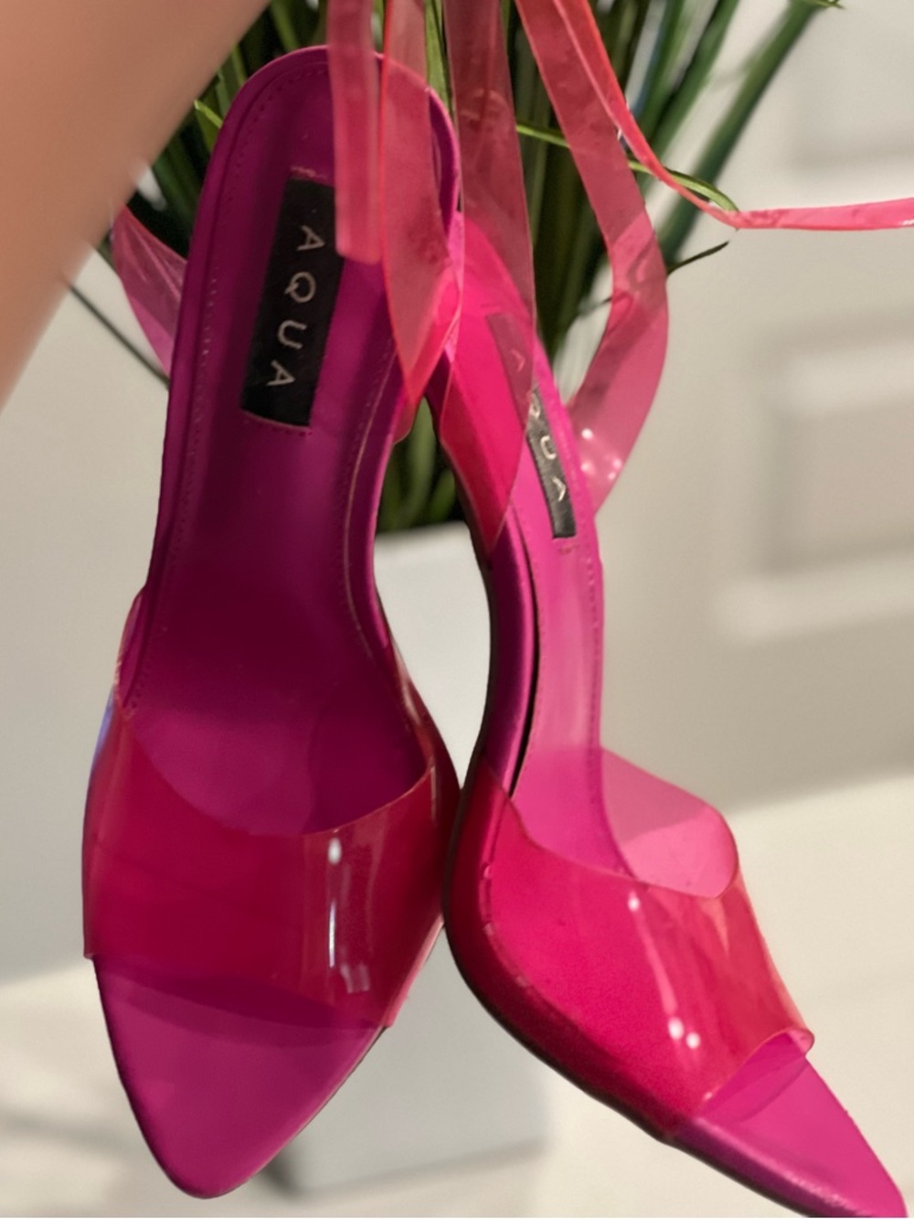 Aqua Hot Pink Pointed-Toe Heels with Clear Straps